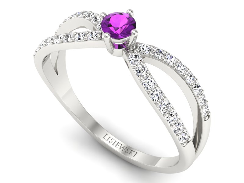 Pierścionek z ametystem i brylantami białe złoto - p16067bat - 3