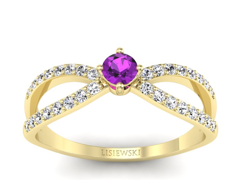Pierścionek ametyst i brylanty żółte złoto - p16067zat - 1