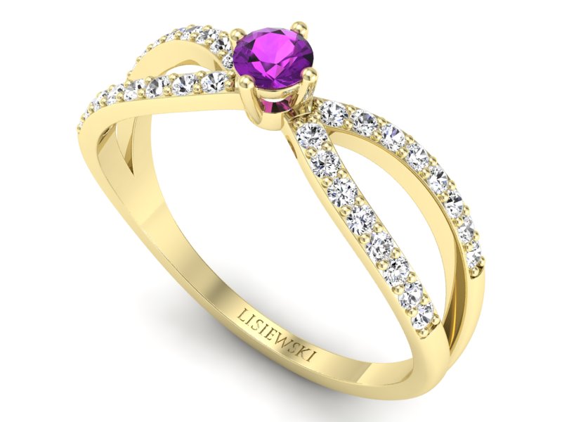 Pierścionek ametyst i brylanty żółte złoto - p16067zat