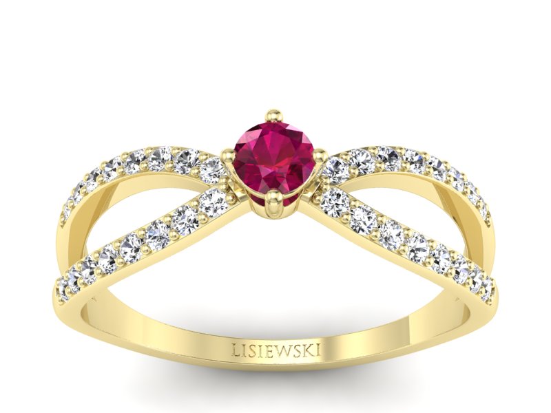 Pierścionek z rubinem i brylantami żółte złoto - p16067zr - 1