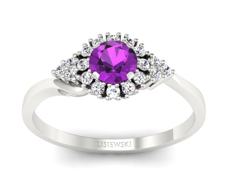 Pierścionek z ametystem i brylantami białe złoto - p16138bat - 1