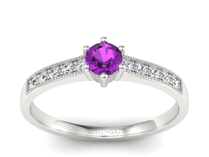 Pierścionek z ametystem i brylantami białe złoto - p16144bat - 1