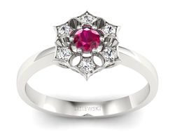 Pierścionek z rubinem i brylantami białe złoto - p16145br