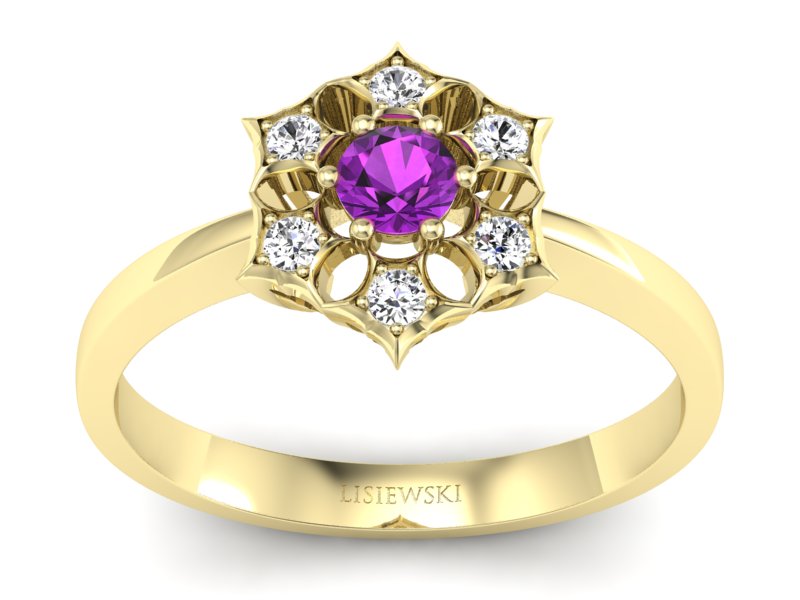 Pierścionek z ametystem i brylantami żółte złoto - p16145zat - 1