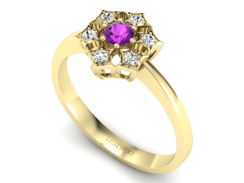 Pierścionek z ametystem i brylantami żółte złoto - p16145zat - 3