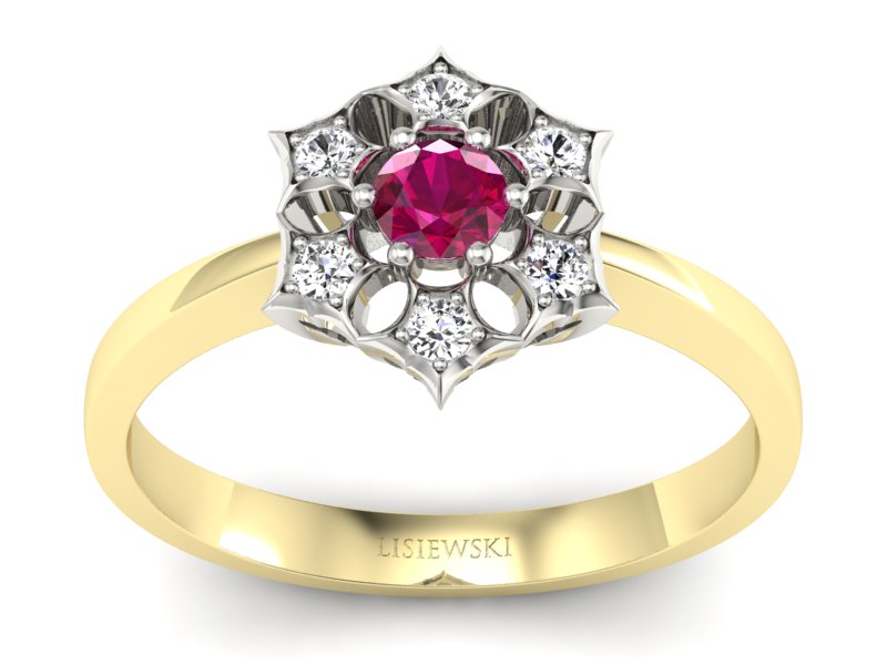 Złoty Pierścionek z rubinem i brylantami - p16145zbr - 1