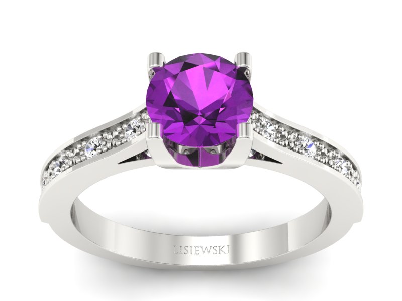 Pierścionek z ametystem i brylantami białe złoto - p16165bam - 1