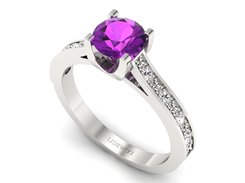 Pierścionek z ametystem i brylantami białe złoto - p16165bam - 3