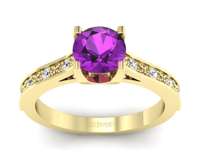 Pierścionek z ametystem i diamentami żółte złoto - p16165zam - 1