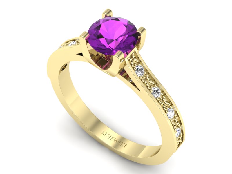 Pierścionek z ametystem i diamentami żółte złoto - p16165zam - 3