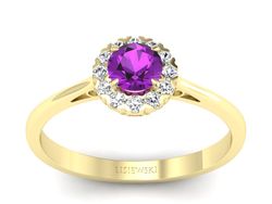 Pierścionek ametyst i brylanty żółte złoto - p16173zat