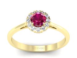 Pierścionek z rubinem i brylantami żółte złoto - p16173zr