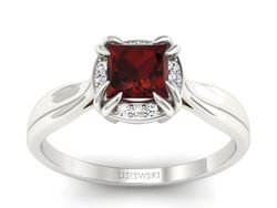 Pierścionek z granatem i brylantami białe złoto - p16187bgr