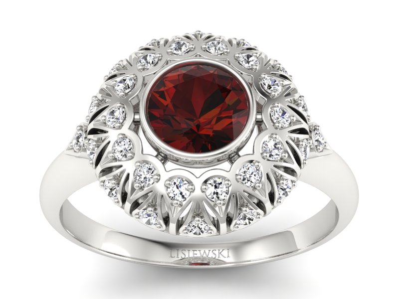 Pierścionek z granatem i brylantami białe złoto - p16189bgr - 1