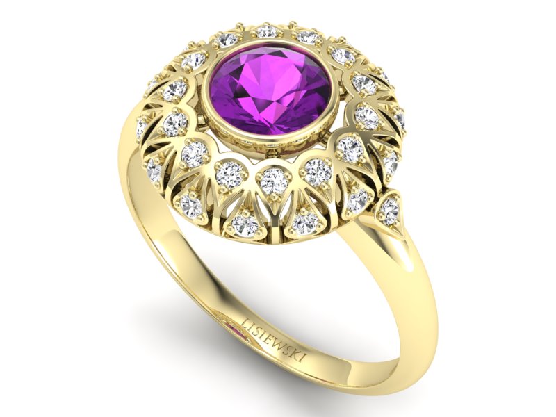 Złoty pierścionek z ametystem i brylantami - p16189zat - 3