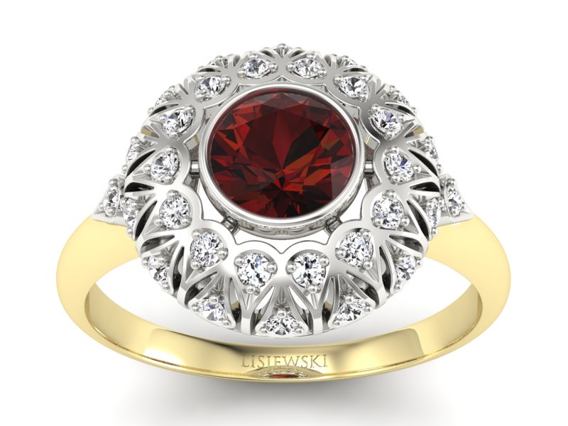 Złoty pierścionek z granatem i diamentami - p16189zbgr - 1