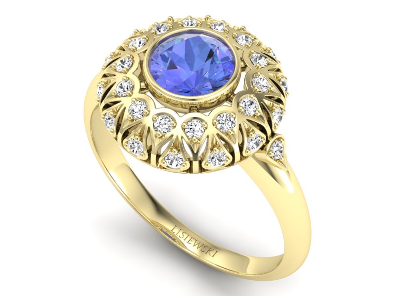 Pierścionek z tanzanitem i brylantami żółte złoto - p16189zt - 3