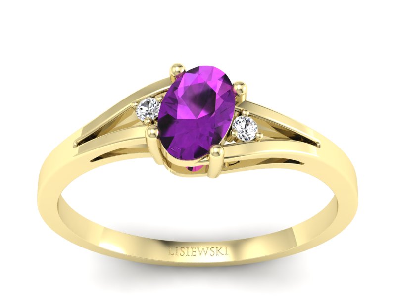 Pierścionek z ametystem i brylantami żółte złoto - p16192zat - 1
