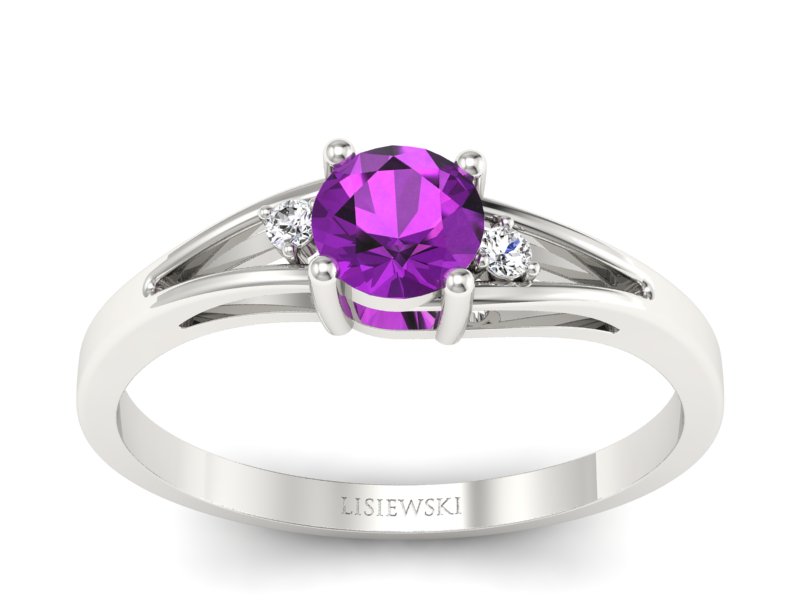 Pierścionek z ametystem i brylantami białe złoto - p16193bat - 1