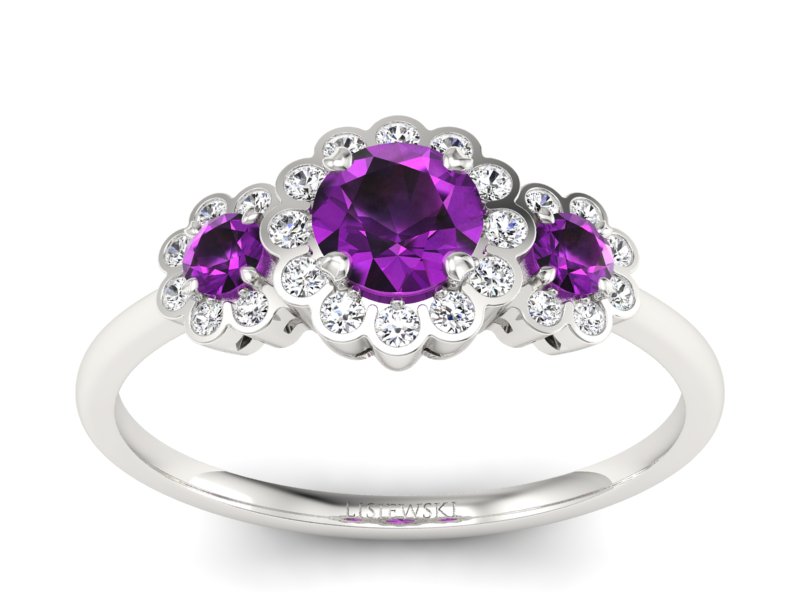 Złoty pierścionek z ametystami i brylantami - p16196bat - 1