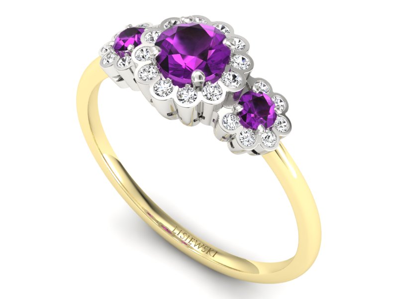 Złoty pierścionek z ametystami i brylantami - p16196zbat - 3