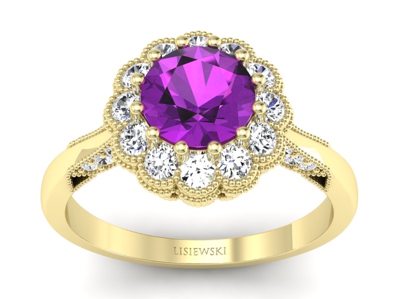 Pierścionek ametyst i brylanty żółte złoto 585 - p16203zat - 1