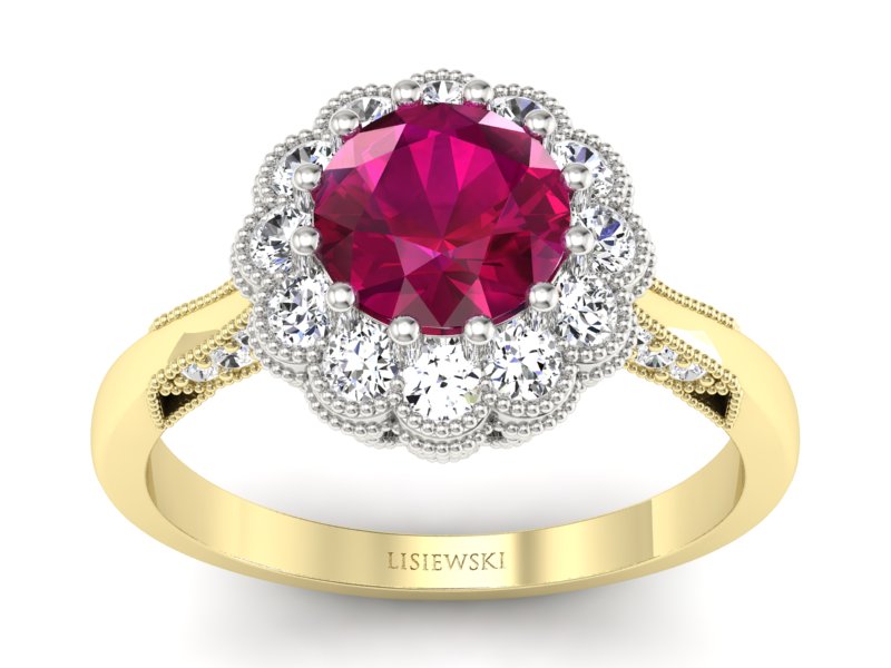 Pierścionek z rubinem i diamentami żółte złoto - p16203zbr - 1
