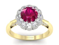 Pierścionek z rubinem i diamentami żółte złoto - p16203zbr