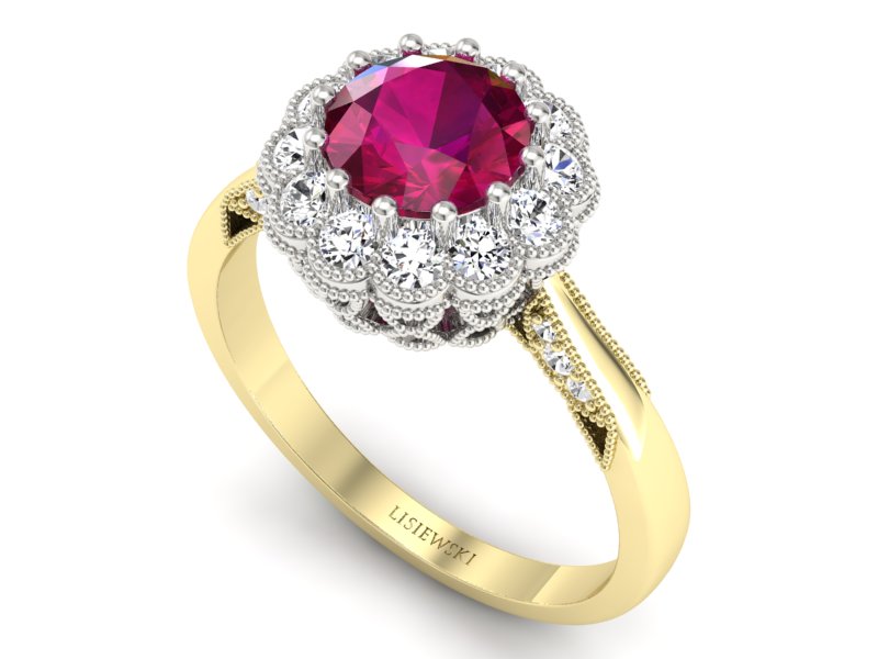 Pierścionek z rubinem i diamentami żółte złoto - p16203zbr - 3