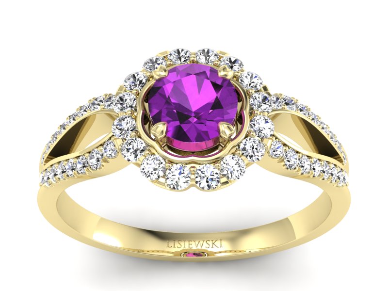 Pierścionek z ametystem i brylantami żółte złoto - p16208zat - 1