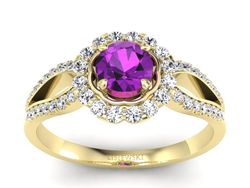 Pierścionek z ametystem i brylantami żółte złoto - p16208zat