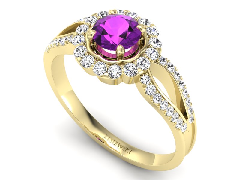 Pierścionek z ametystem i brylantami żółte złoto - p16208zat - 3