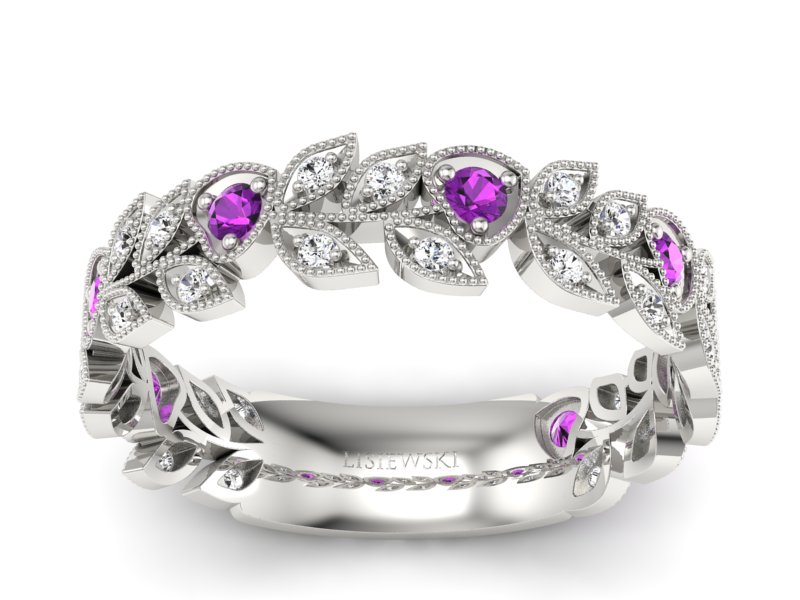 Obrączka białe złoto z ametystami i brylantami - p16231bat - 1