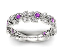 Obrączka białe złoto z ametystami i brylantami - p16231bat