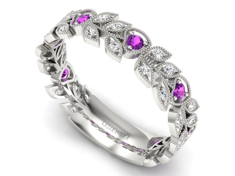 Obrączka białe złoto z ametystami i brylantami - p16231bat