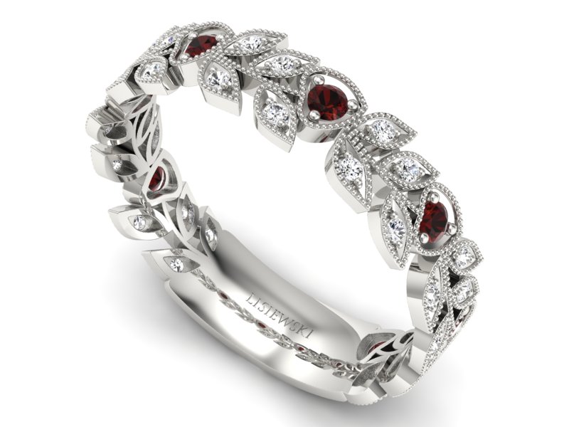 Obrączka białe złoto z granatami i brylantami - p16231bgr - 3