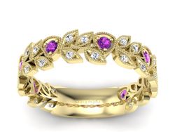 Obrączka żółte złoto z ametystami i brylantami - p16231zat