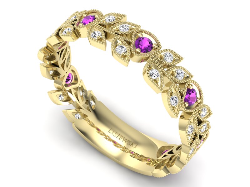 Obrączka żółte złoto z ametystami i brylantami - p16231zat - 3