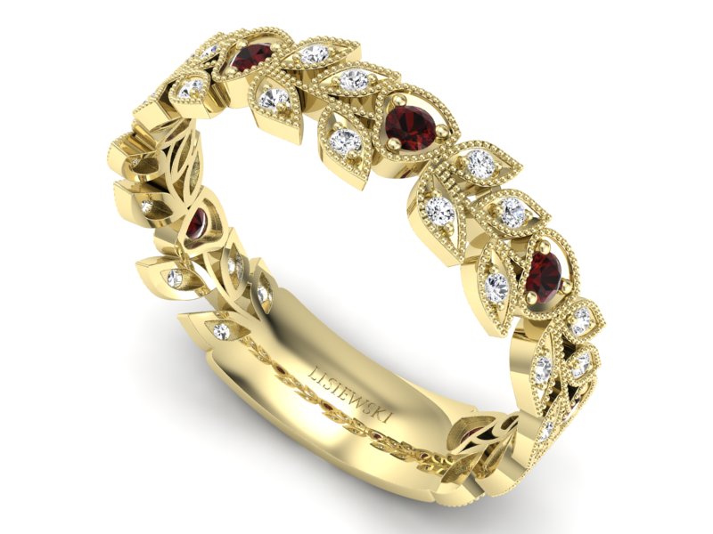 Obrączka żółte złoto z granatami i brylantami - p16231zgr