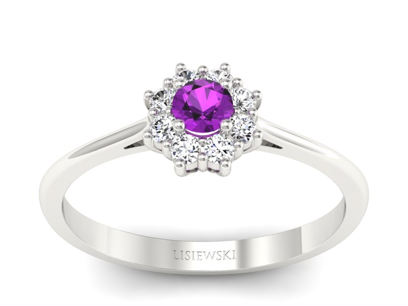 Pierścionek z ametystem i brylantami białe złoto - p16238bat - 1