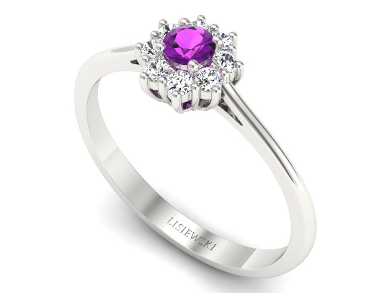 Pierścionek z ametystem i brylantami białe złoto - p16238bat