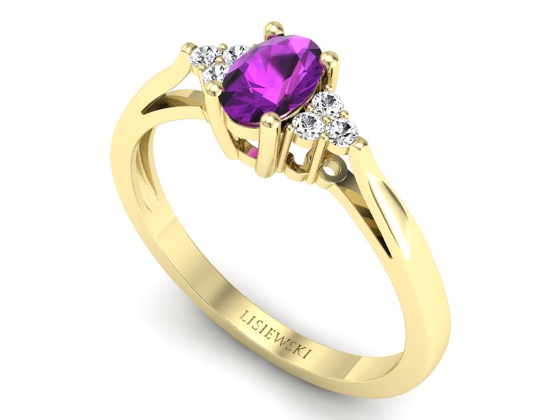 Pierścionek z ametystem i brylantami żółte złoto - p16248zat - 3