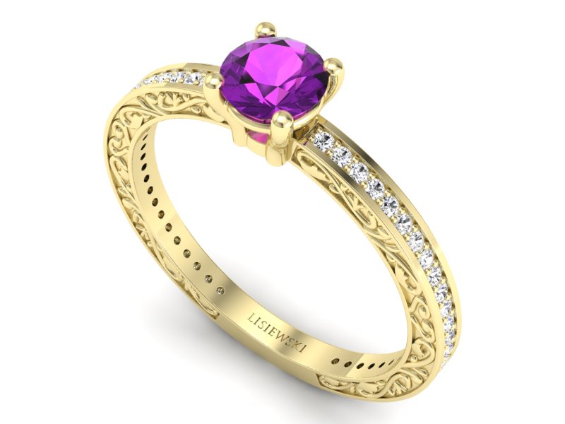 Pierścionek z ametystem i brylantami żółte złoto - p16279zat - 3