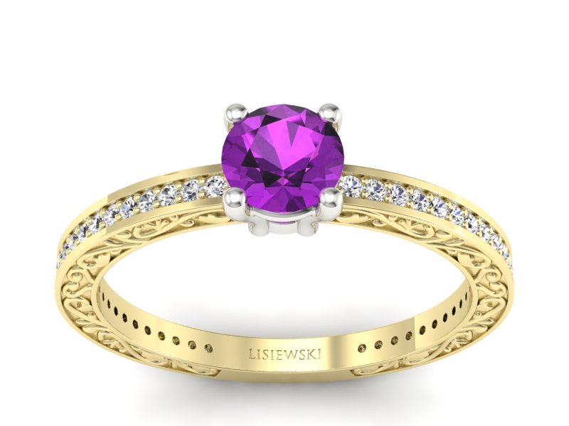 Złoty pierścionek z ametystem i brylantami - p16279zbat - 1