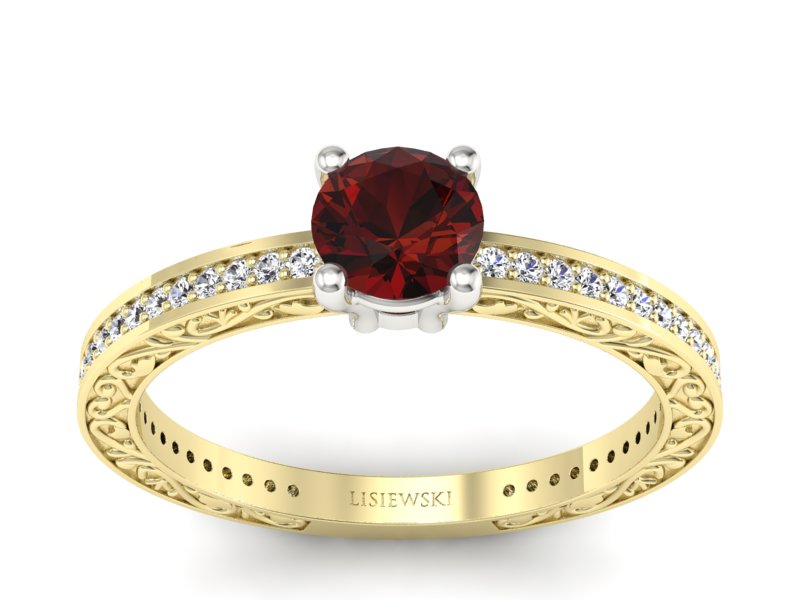 Złoty pierścionek z granatem i diamentami - p16279zbgr - 1