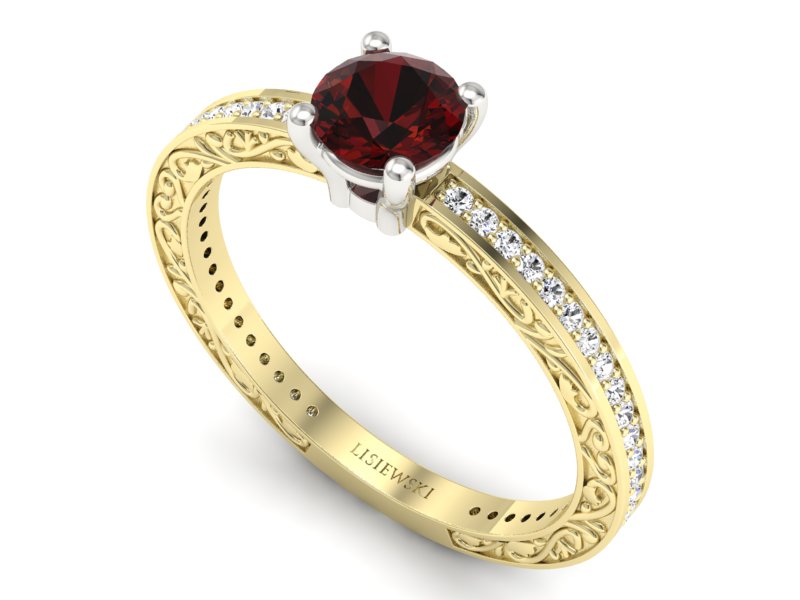 Złoty pierścionek z granatem i diamentami - p16279zbgr - 3