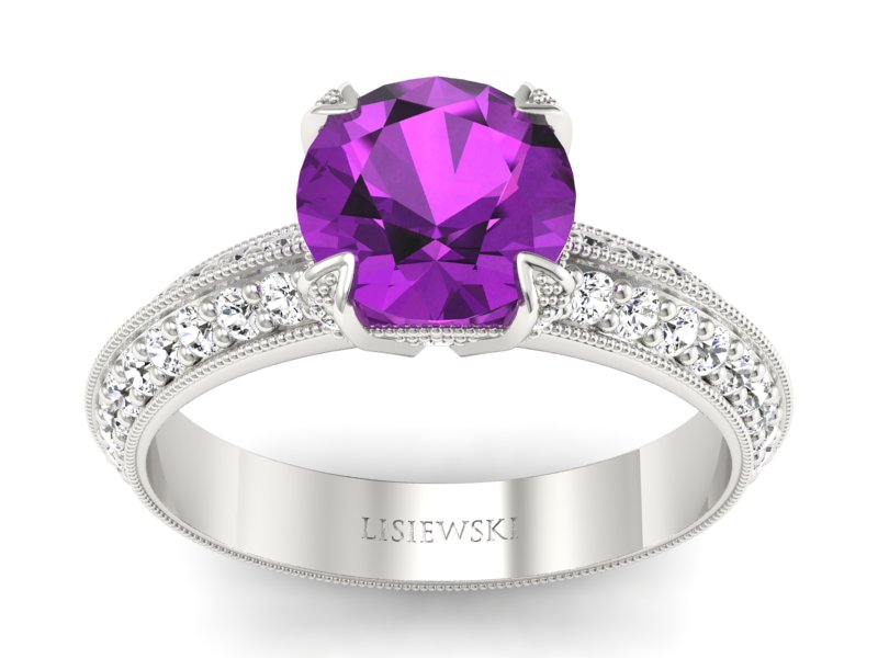 Pierścionek z ametystem i brylantami białe złoto - p16288bat - 1