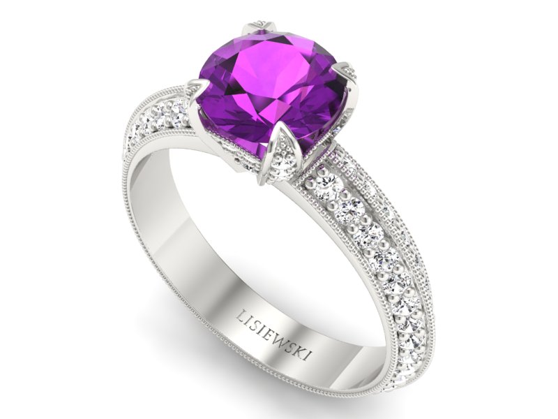 Pierścionek z ametystem i brylantami białe złoto - p16288bat - 3