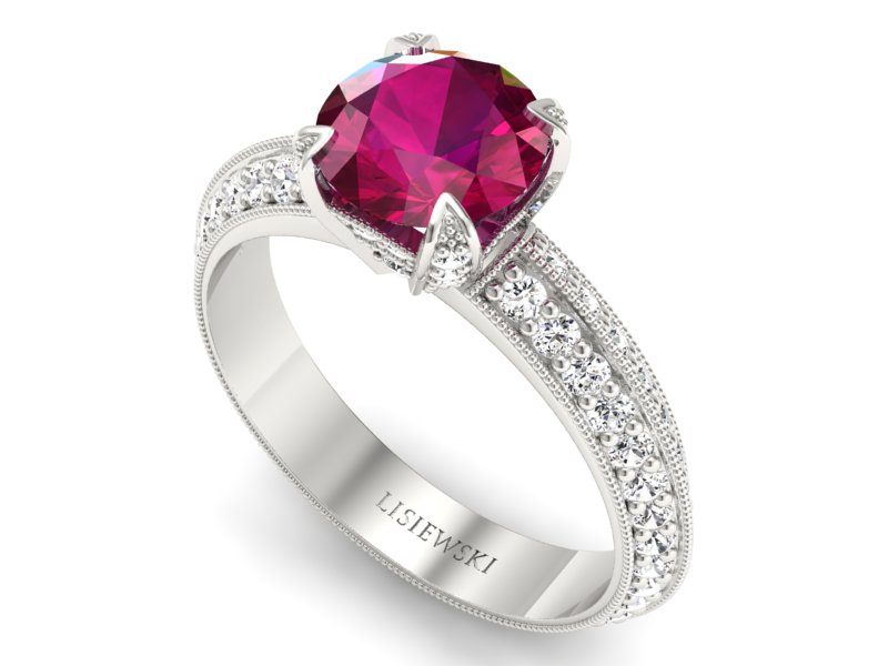 Pierścionek z rubinem i brylantami białe złoto - p16288br