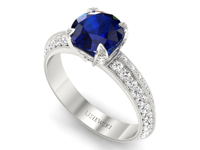 Pierścionek z szafirem i brylantami białe złoto - p16288bsz